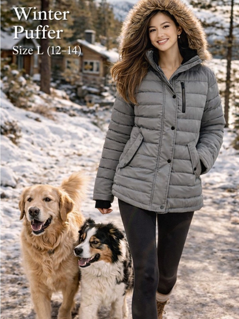 Swiss Tech Gray Puffer Jacket Faux Fur Hood Winter Coat L 12-14